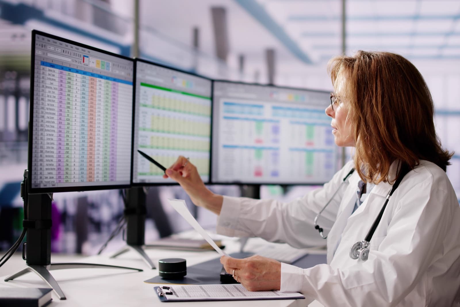 Medic în halat alb care analizează date pe trei monitoare