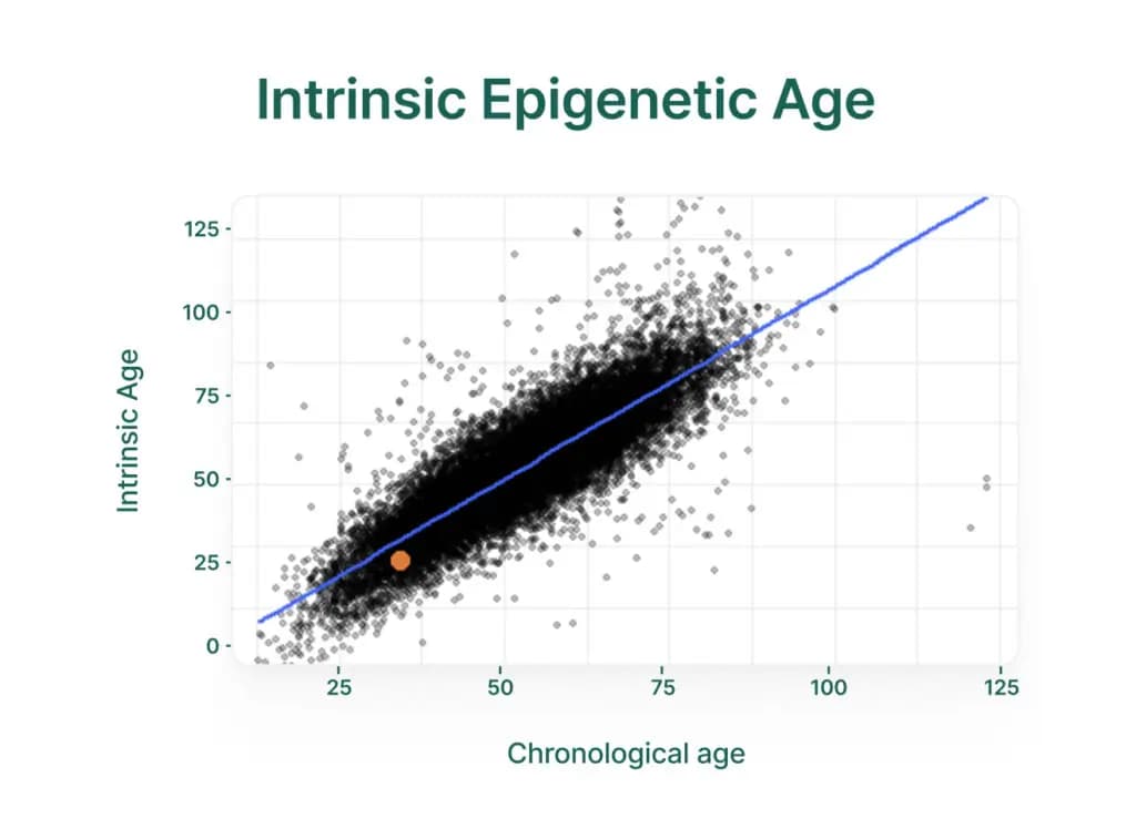 Grafic exemplu: vârsta epigenetică intrinsecă comparată cu vârsta cronologică, pe un nor de puncte de referință.