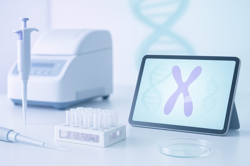 Banc de laborator genetic cu pipetă, eprubete și termociclator PCR; pe tabletă apare cromozomul X — imagine pentru testarea FMR1 (sindrom X fragil)