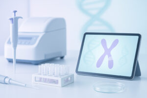 Banc de laborator genetic cu pipetă, eprubete și termociclator PCR; pe tabletă apare cromozomul X — imagine pentru testarea FMR1 (sindrom X fragil)