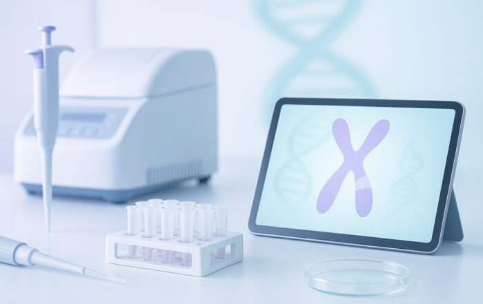 Banc de laborator genetic cu pipetă, eprubete și termociclator PCR; pe tabletă apare cromozomul X — imagine pentru testarea FMR1 (sindrom X fragil)