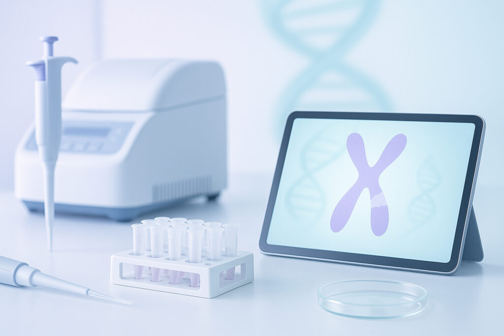Banc de laborator genetic cu pipetă, eprubete și termociclator PCR; pe tabletă apare cromozomul X — imagine pentru testarea FMR1 (sindrom X fragil)