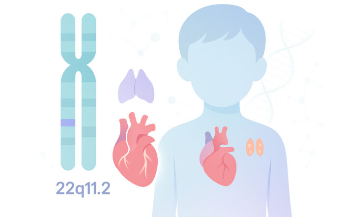 Ilustrație a deleției 22q11.2 pe cromozomul 22 cu inimă, timus și paratiroide evidențiate la un copil.