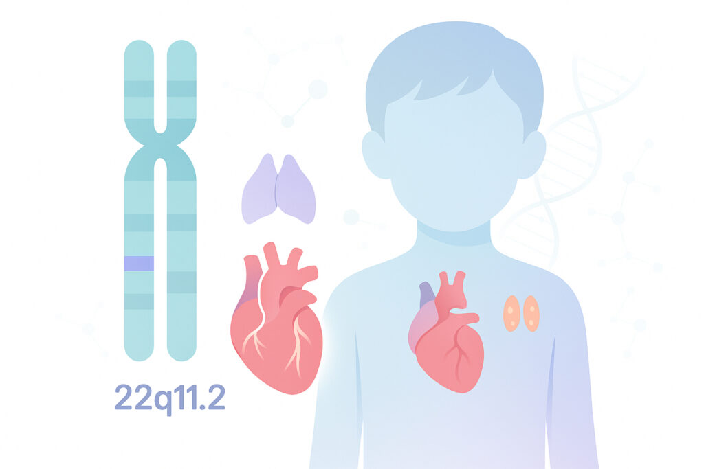 Ilustrație a deleției 22q11.2 pe cromozomul 22 cu inimă, timus și paratiroide evidențiate la un copil.